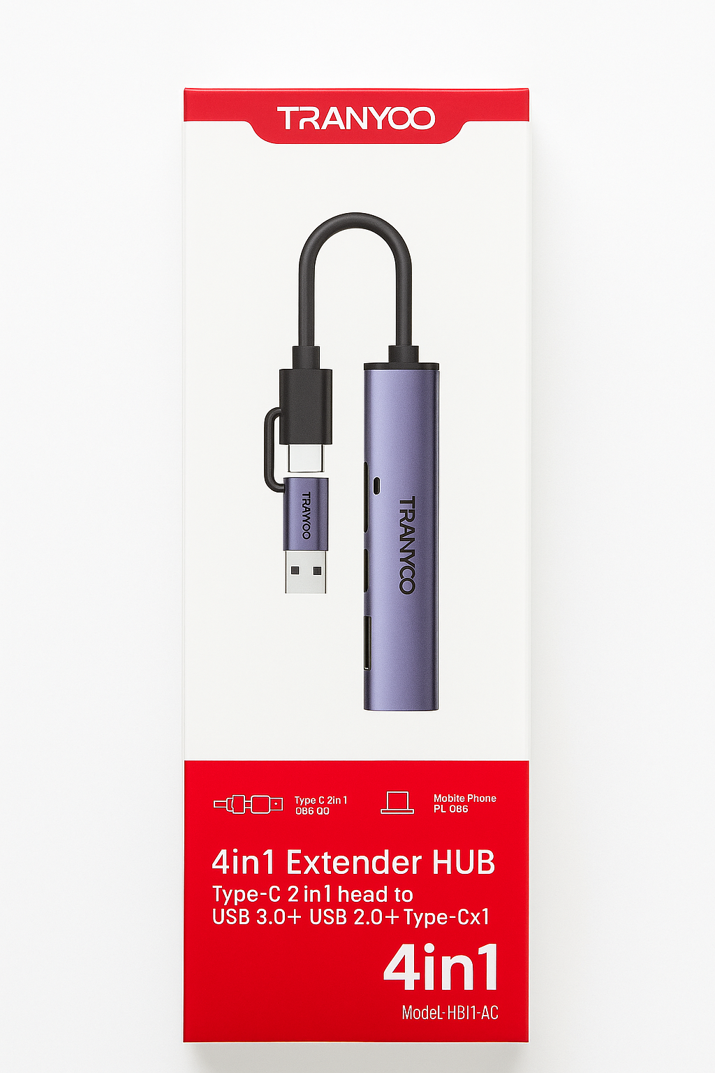 Tranyoo 4-i-1 Extender HUB – USB &amp  Type-C Adapter