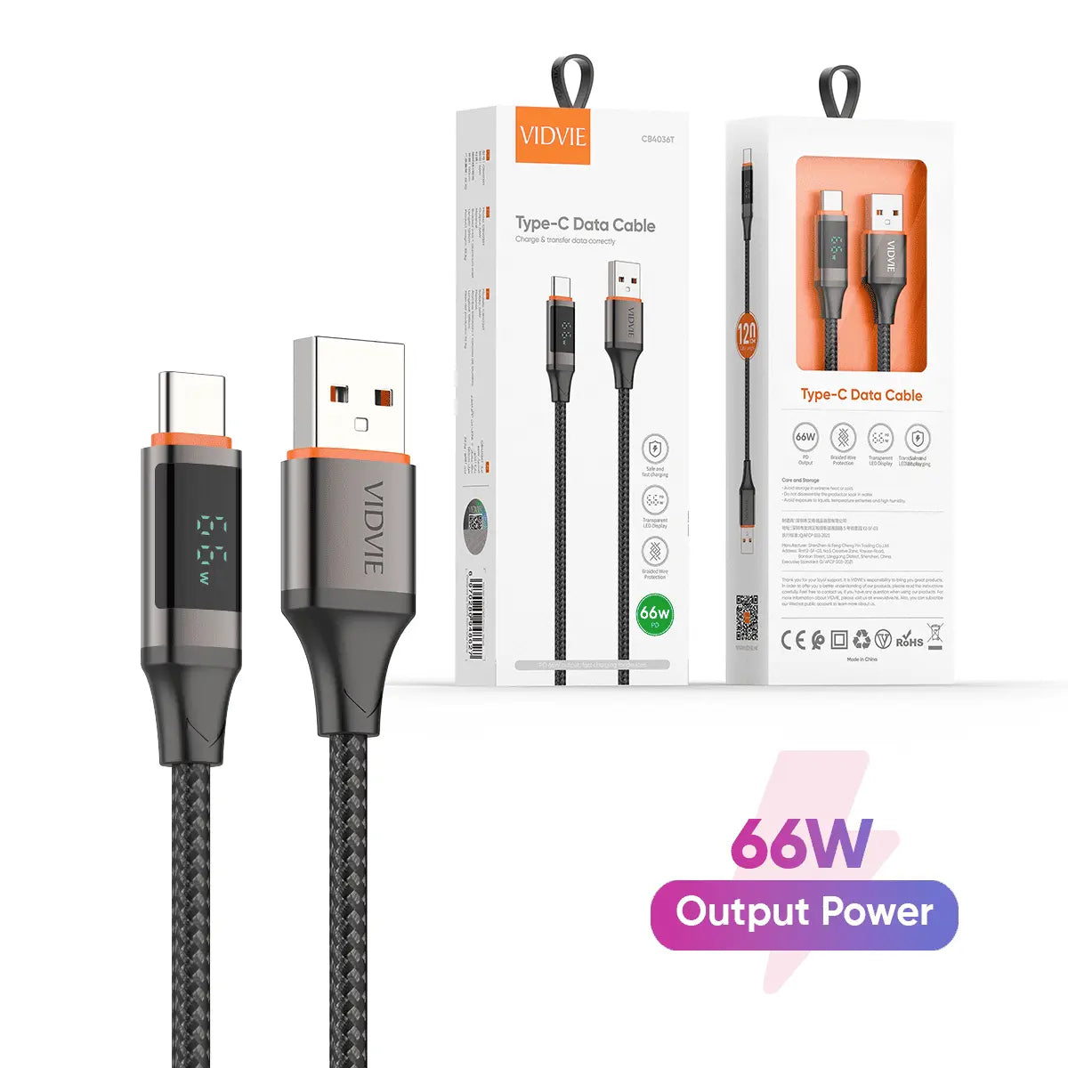 VIDVIE  USB-C Kabel för Snabbladdning 1,2m